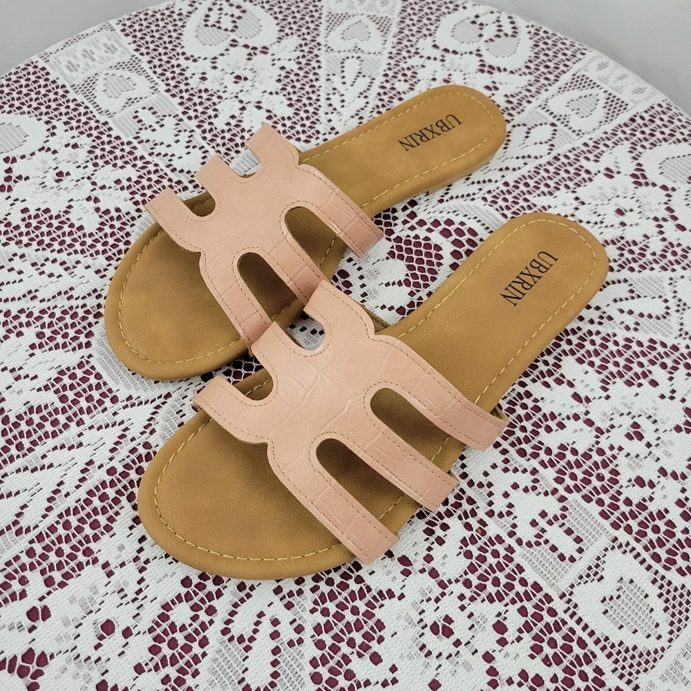 Faux Alligator 3 Strap Slip-On Flat Sandals Size 7.5M